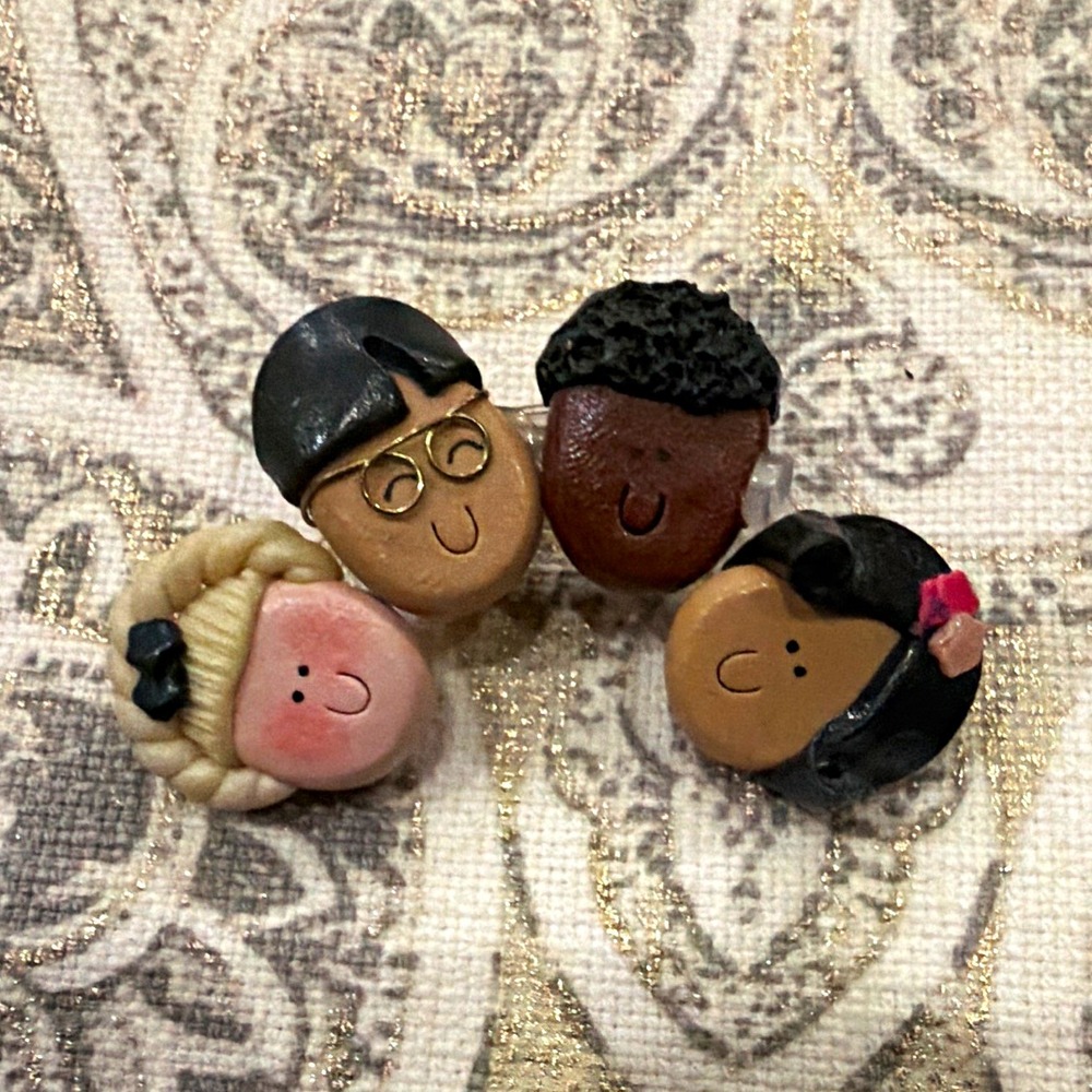 Handmade Polymer Clay & Metal People Faces Brooch Pin, Signed, Multicolor